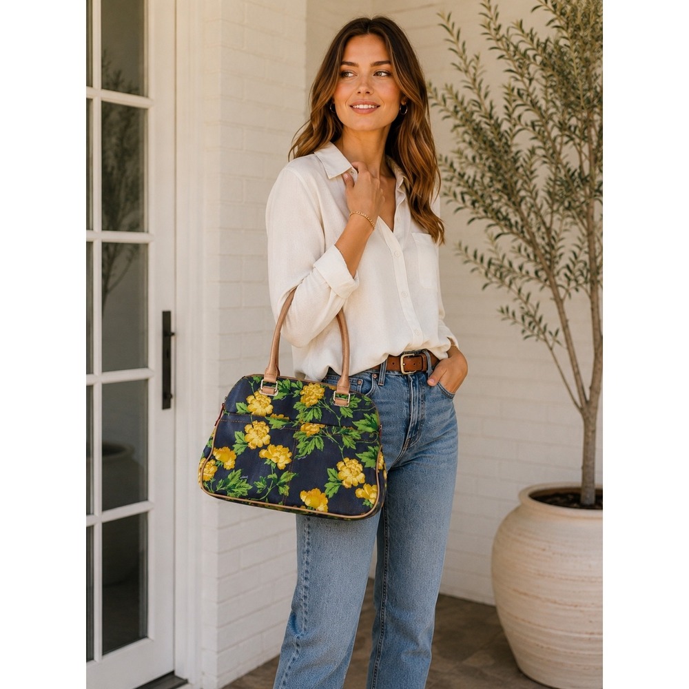 Tignanello Bed of Roses Floral Satchel Handbag Purse Navy Yellow Flower Print